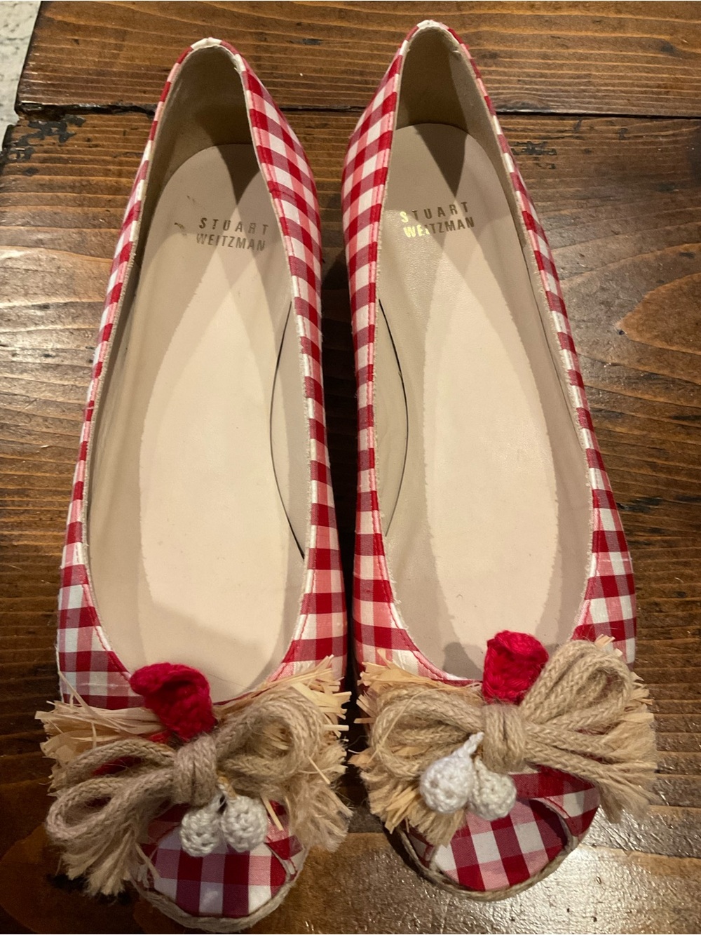 Stuart Weitzman Red and Cream Gingham Espadrille Flats 9M - Picture 5 of 8
